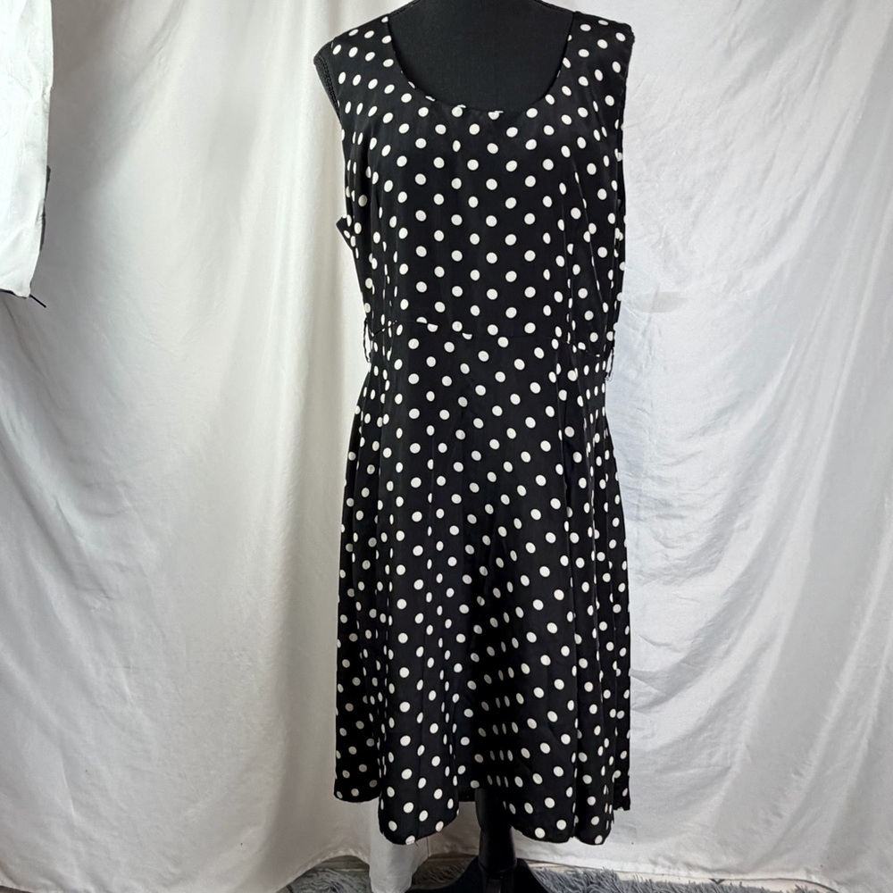 Vintage 90s Black White Polka Dot Sleeveless Dress XL | Retro Midi Dress